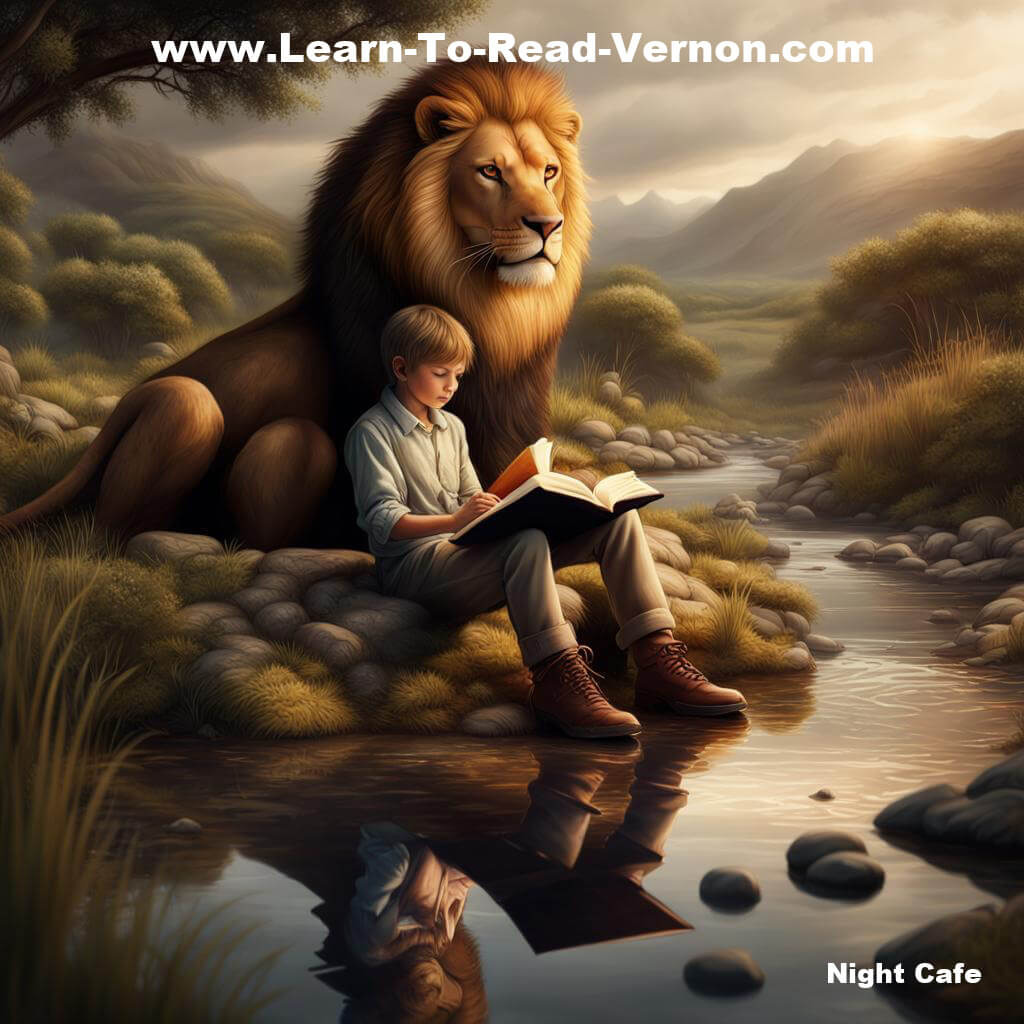 Lion looking over shoulder of boy reading