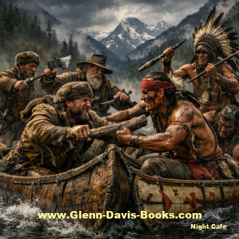 mountain men and indians in a canoe fight