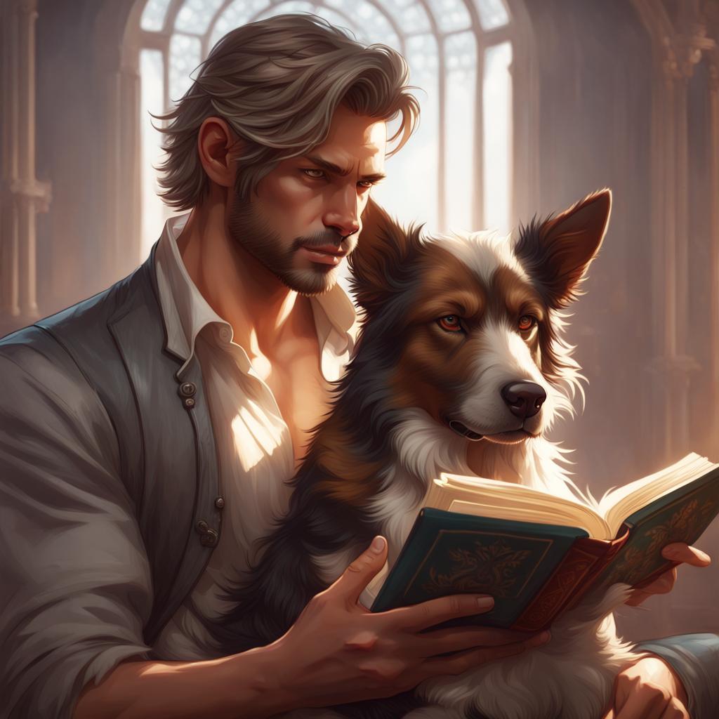 Free and inexpensive books are a great way to build your library.  Art work created on Night Cafe. man and dog reading