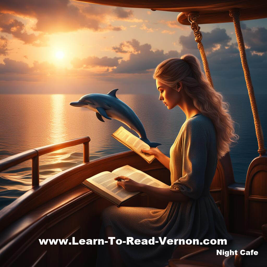 Girl reading on boat with dolphin jumping nearby