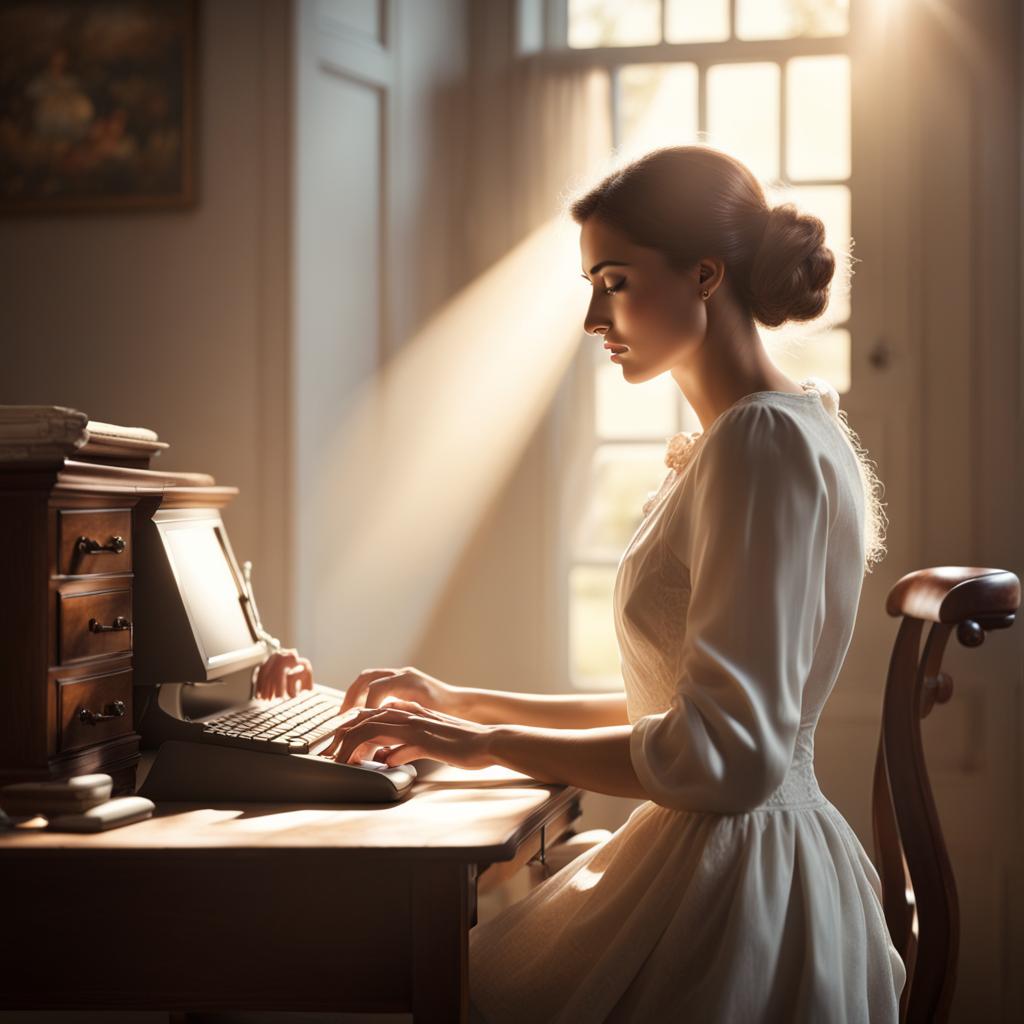 Writing is only one part of getting published. Art work created on Night Cafe. Woman at typewriter with light coming in window