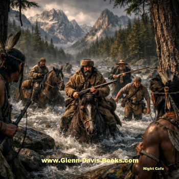 mountain men crossing river with Indians watching