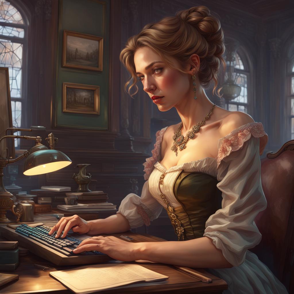 List your new book here.  Tell us about your completed project.  Art work created on Night Cafe. woman writing at a computer