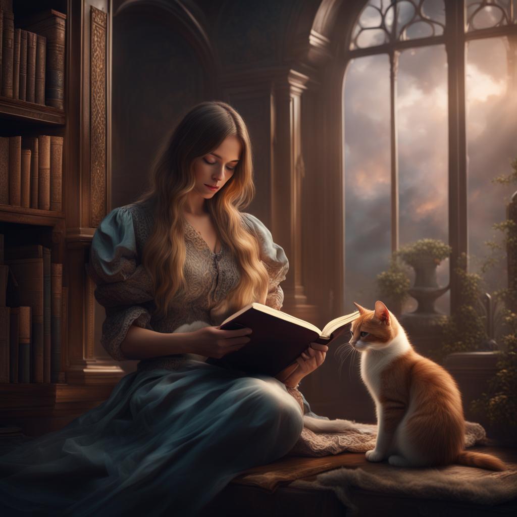 A great book will provide hours of entertainment and take you to new worlds.  Art work created on Night Cafe. woman with a cat reading in a library
