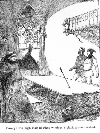 From The Black Arrow by Robert Louis Stevenson. A black arrow hits a table.
