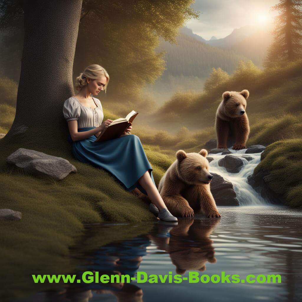 Lots of books are available for Free!  Art work created on Night Cafe. woman readying by stream with bears watching